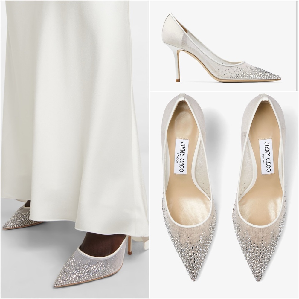 New Jimmy Choo White Mesh Pointed-Toe Pumps with Dégradé Crystals $1,350 35.5